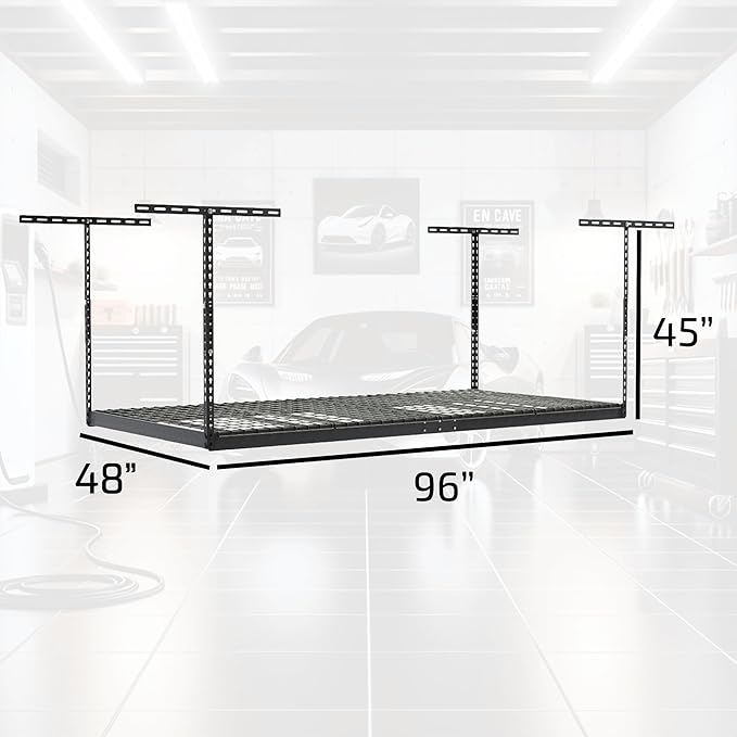 MonsterRax Overhead Garage Storage Rack - 4 x 8 Ceiling Racks for Garage, Organization Shelving, Hanging Shelf, Grey, 24"-45" Height Adjustment