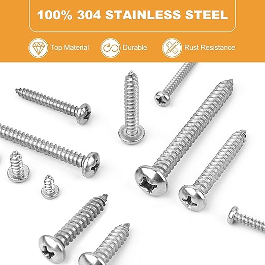VIGRUE 460pcs Pan Head Philips Wood Screws, 4,#6,#8,#10,#12, 304 Stainless Steel Self Tapping Screw Assortment kit