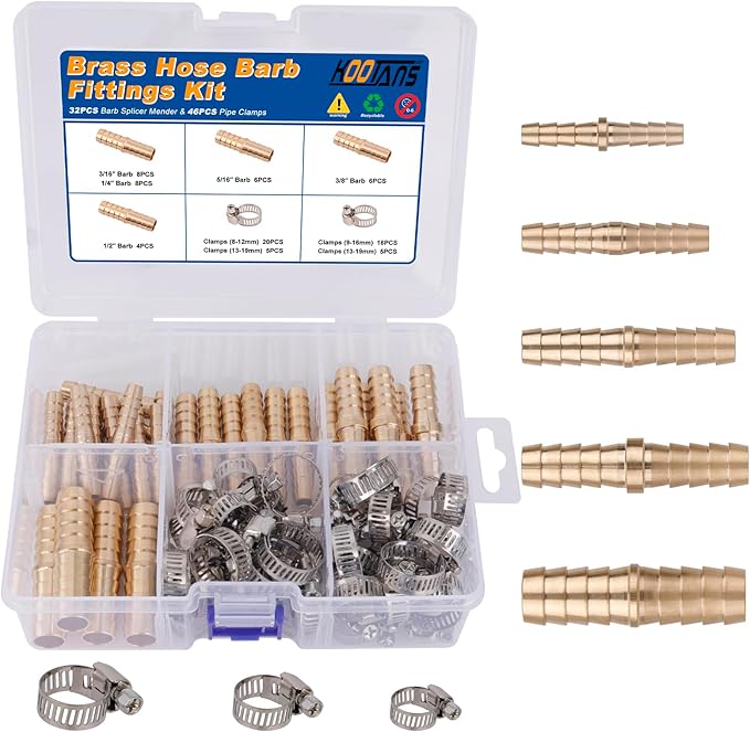 KOOTANS 32PCS Brass Hose Barb Fittings Barb Splicer Mender Hose Fittings Kit 3/16" 1/4" 5/16" 3/8" 1/2" Barbed Air Hose Fittings with 46pcs Pipe Clamps for Water Fuel Air Line Connector Fitting