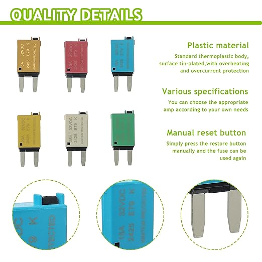 5A 10A 15A 20A 25A 30A DC 12V-32V Manual Reset Circuit Breaker ATM Low Profile T1 Mini Blade Fuses Breakers for Car Trucks Marine Boat RV Solar and More,2 Pack