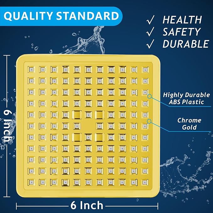 Voolan High Pressure Rain Shower Head - Luxury Modern Look - The Adjustable Replacement For Your Bathroom Showerhead - 6" Square High Flow Pressure Boosting Showers (Gold)