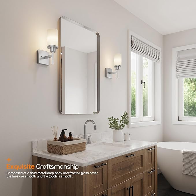 Bathroom Light Fixtures Brushed Nickel Vanity Lights with White Frosted Glass Shade, Wall Lamp for Mirror Kitchen Bedroom Living Room Porch T001BR-L1