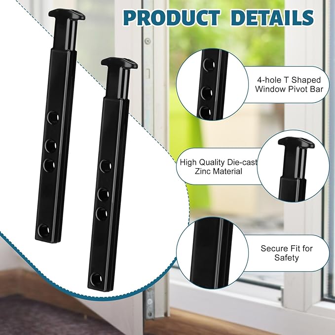 Zonon 6 Pcs 4 Hole Die Cast T Shaped Pivot Bar 3 Inches Mental Window Pivot Bar Sturdy Window Replacement Parts for Home Replacement (Black)