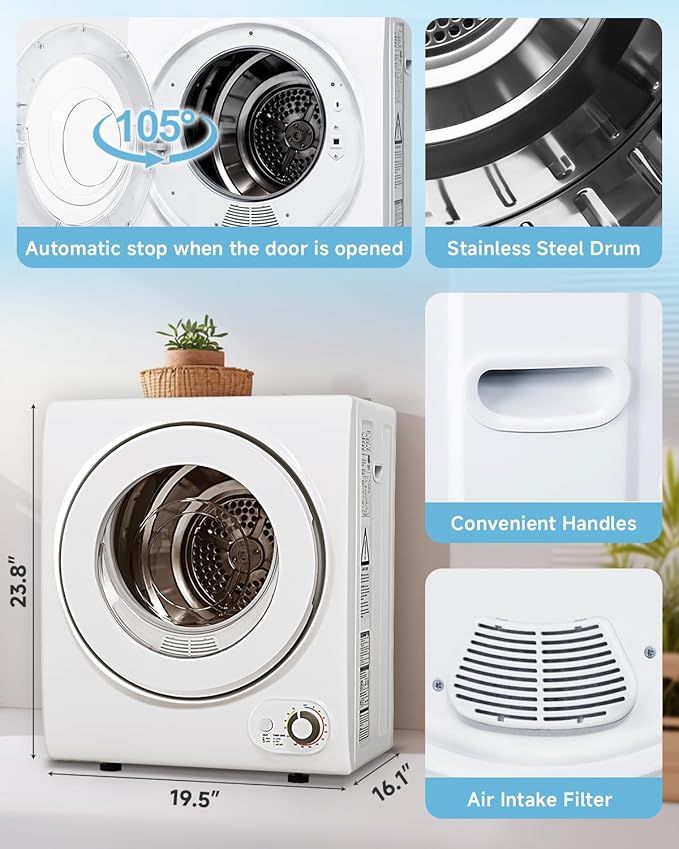 110V Portable Dryer – 850W Compact Clothes Dryer with 4 Automatic Drying Modes, Stainless Steel Tub, Simple Control Knob for Apartments, Dorms & Small Spaces