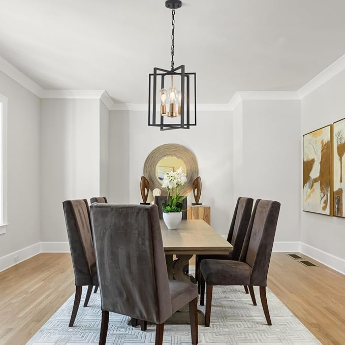 Black Gold Chandelier for Dining Room, Modern Farmhouse 3 Light Entryway Pendant Light Fixture Adjustable Geometric Industrial Rustic Foyer Light for Living Room Kitchen Island Hallway Bedroom