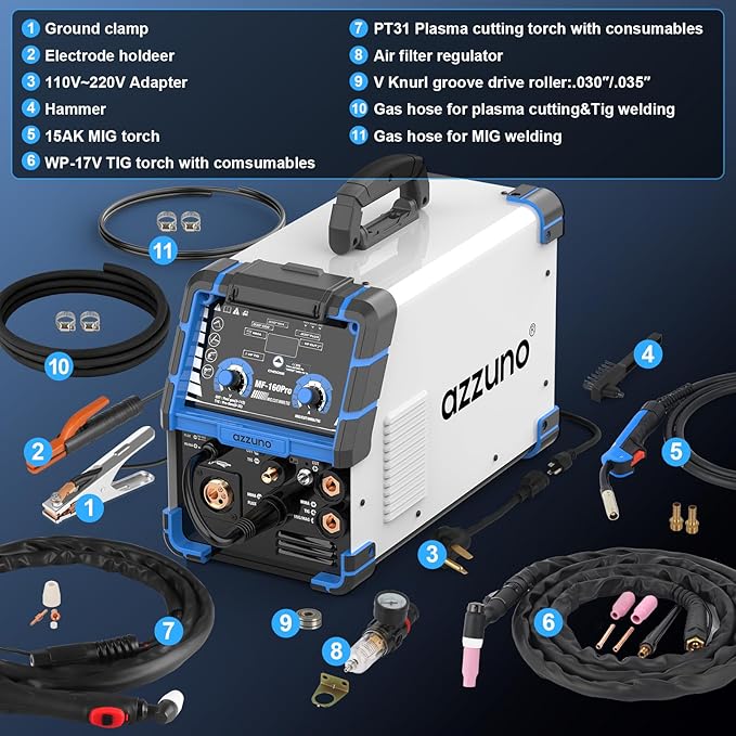 AZZUNO 5 in 1 160A Welder Machine, Plasma Cutter Welder Combo with HF TIG/Gas MIG/Flux MIG/Stick Welding, 110/220V Dual Voltage Multiprocess Welding Machine