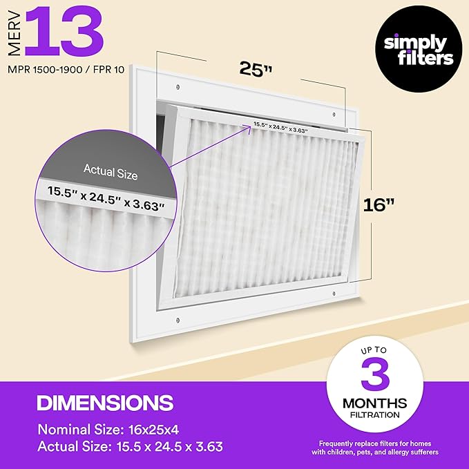 Simply 16x25x4 Air Filter, MERV 13, MPR 1500, 4 Pack, Furnace Air Filter for HVAC (Actual Size: 16.5"x25.5"x3.63") DUST, Pet & Allergy Control