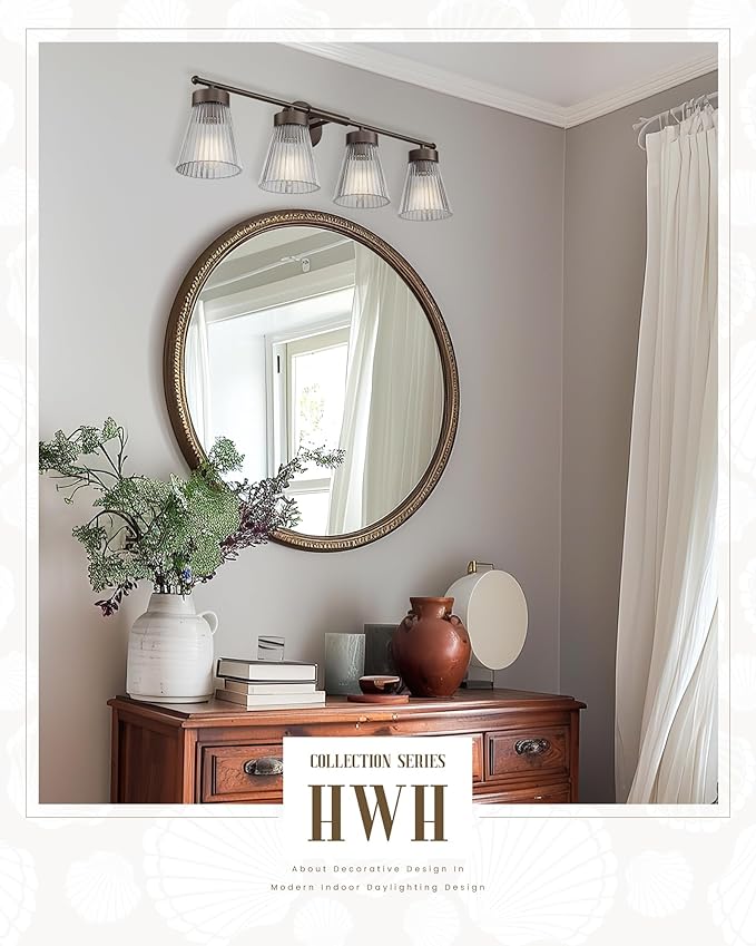 4-Light Bathroom Vanity Light, HWH Oil-Rubbed Bronze Bathroom Light Fixtures Farmhouse Vanity Lamp Over Mirror with Clear Striped Glass Shade, 5HZG97B-4W ORB