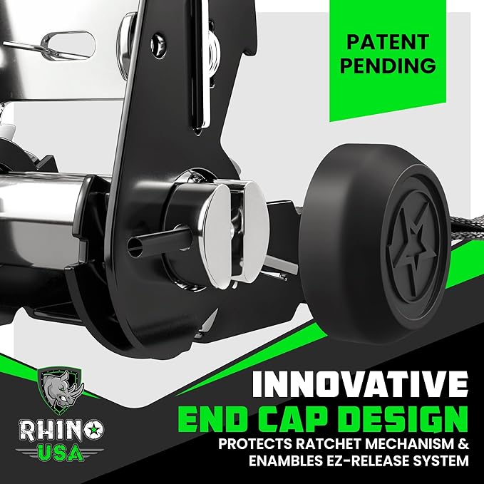 Rhino USA Ratchet Straps Heavy Duty Kit (2-Pack) - 1.6 Inch x 8 Feet (5,208lb Break Strength) - Ultimate Tie Down Straps with Safety S Hooks for Trucks, ATV, UTV, Motorcycle, Cargo & More - Black