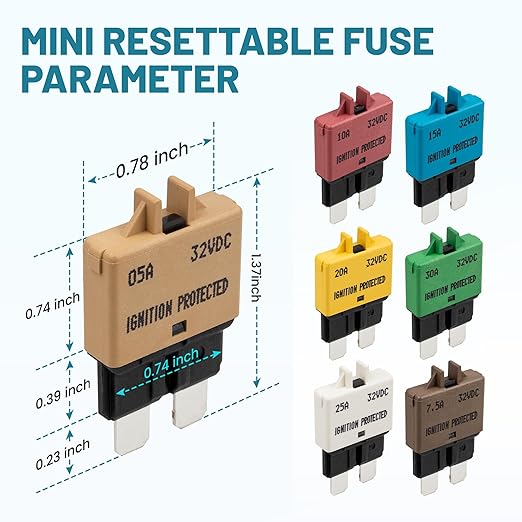 NuIth Manual Reset Mini Fuse Circuit Breakers 5A-30A, E39 Low Profile ATO/ATC Circuit Breaker Blade Fuse 12V-32V DC Re-settable Standard Blade Fuses for Car Truck RV Marine (7PCS 5A-30A)
