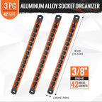 Magnetic Socket Organizer, 3-Piece Heavty Duty Aluminum Socket Holder, Socket Rail for Tool Box, Premium Quality 360° Swivel Socket Rack with 42 Clips for 3/8-Inch(Orange)