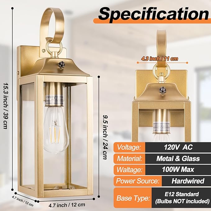 Dusk to Dawn Wall Lights 2 Pack, Gold Outdoor Light Fixtures, 15 Inch Exterior Wall Sconces Waterproof, Large Outside Lights for House, Modern Wall Lanterns Clear Glass