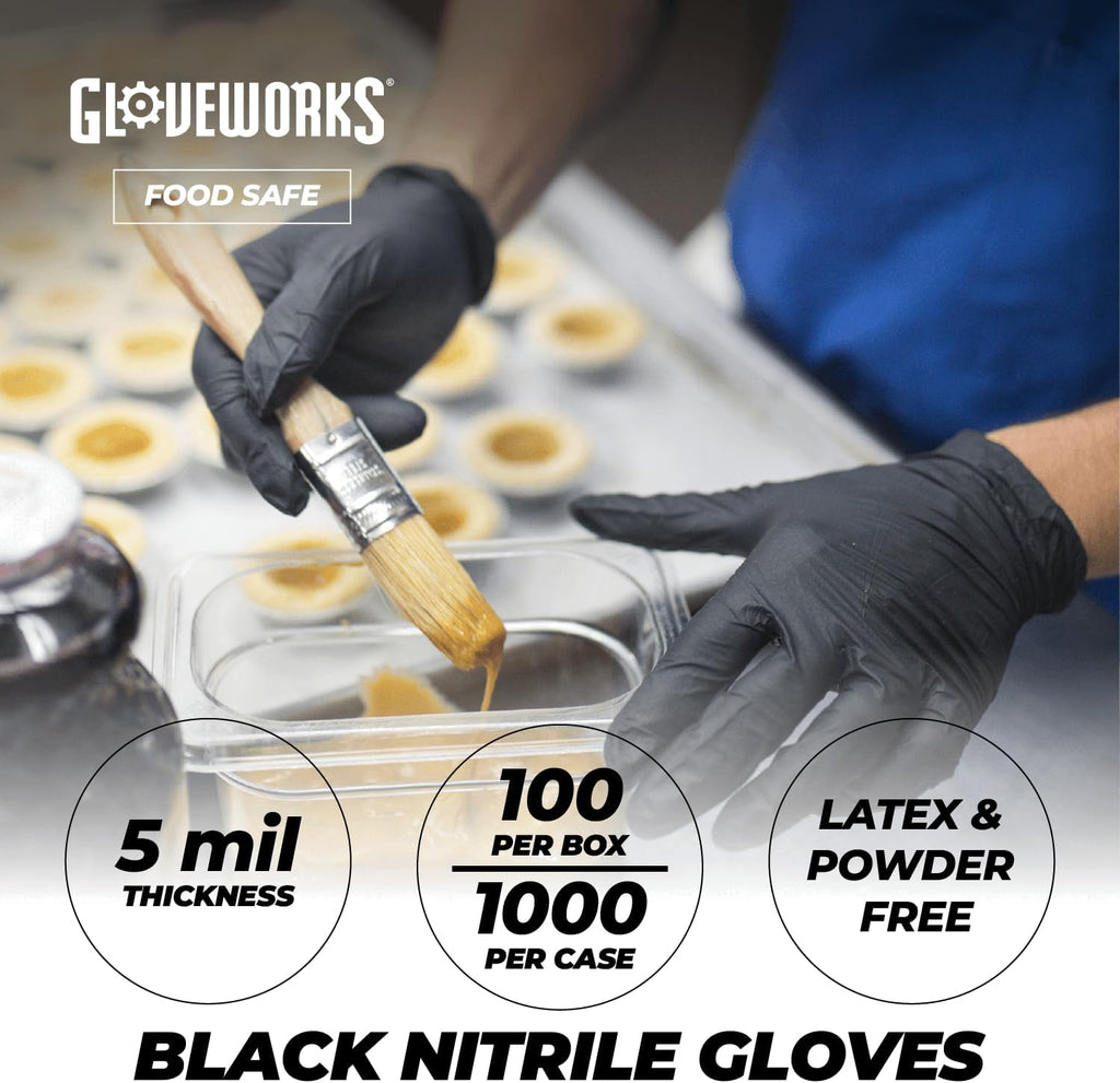 GLOVEWORKS Black Nitrile Gloves Disposable Latex Free, 5 Mil Industrial, For Mechanic, Cleaning, Cooking, Kitchen, Food Grade