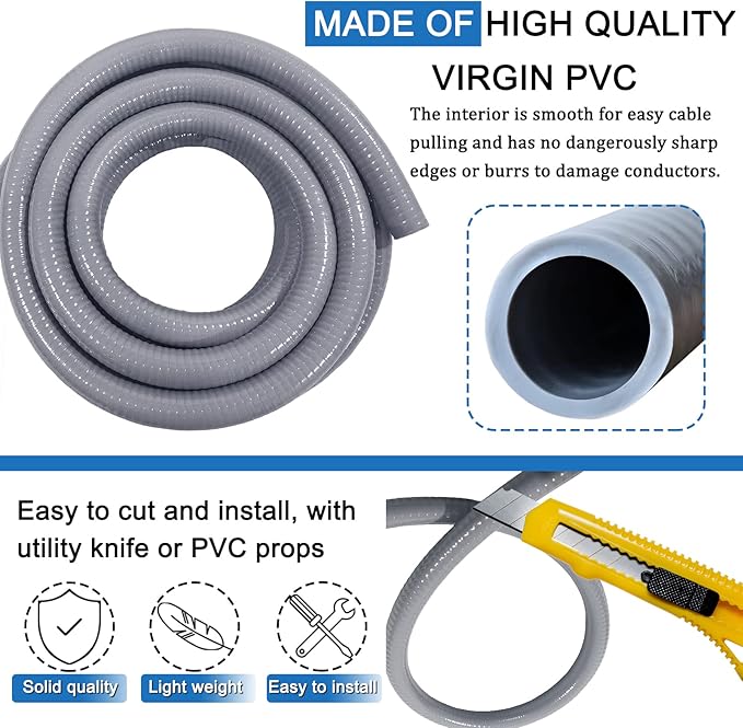 1-1/4inch 50FT Electrical Conduit Kit,Liquid-Tight Conduit and Connector Kit with 4 Straight and 2 Angle Fittings Included,Flexible Non Metallic Liquid - Tight Conduit(1-1/4" Dia,50 Feet)