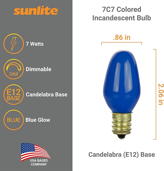 Sunlite 01053 7C7 Incandescent Bulb, 7 Watt, Candelabra E12 Base, C7 Small Night Light, Colored Bulb, Blue, 12 Count