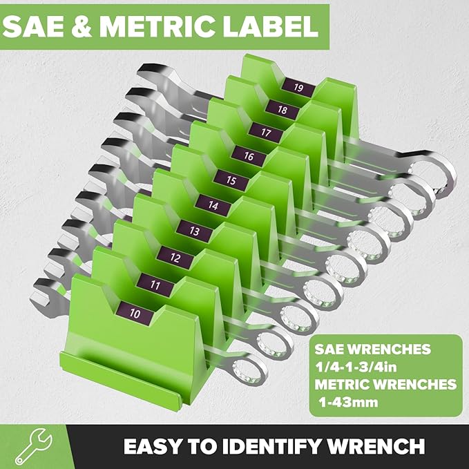 40PCS Modular Wrench Organizer Wrench Holder - Wrench Tool Organizers for Tool Drawer Storage, Wrench Storage Set with Metric & SAE Label, Wrench Rack Tool Gift for Professional Mechanics Men, Green