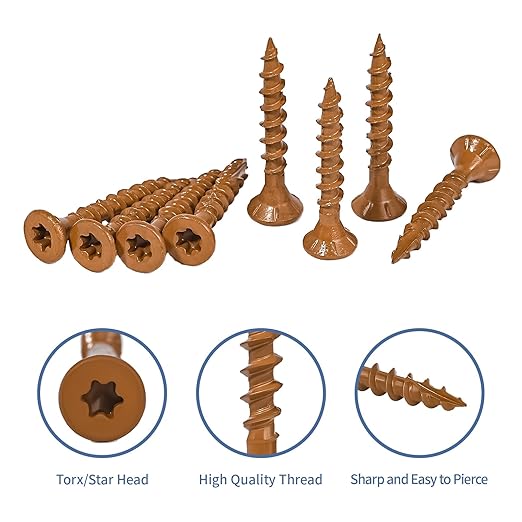 #8x1-1/4 Wood Screws, Deck Screws 300 Pcs, Rust Resistant, Torx Exterior Screws for Construction Fence, Includes 2 Pcs T25 Star Bits, Brown