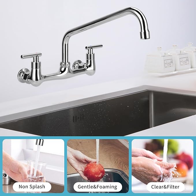 8" Center Wall Mount Kitchen Faucet with 12" Swivel Spout, 2 Handle Commercial Restaurant Sink Faucet for Compartment Sink & Home Kitchen Sink, Chrome Finish