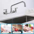 8" Center Wall Mount Kitchen Faucet with 12" Swivel Spout, 2 Handle Commercial Restaurant Sink Faucet for Compartment Sink & Home Kitchen Sink, Chrome Finish