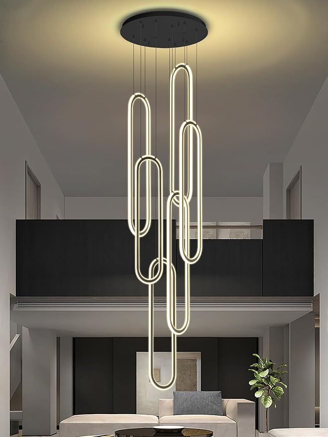 Flashing God H138 Modern Chandelier 6-Rings Large Chandelier for High Ceiling Led Dimmable Ring Pendant Lighting Black Contemporary Chandeliers for Villa Foyer Entrance Living Room
