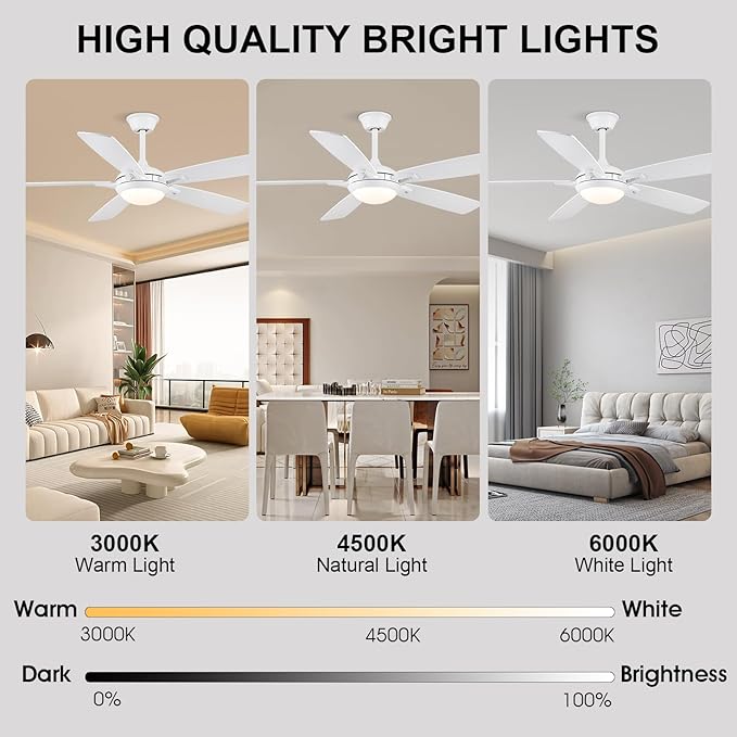 52 Inch Ceiling Fans with Lights and Remote, Modern Indoor Outdoor Ceiling Fan for Bedroom Living Room Patio Porch, 6 Speeds, Reversible Quiet Motor, Dual Finish Wooden Blades, White