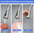 iFealClear Universal Kitchen Faucet Head Replacement, 3 Modes Pull Down Faucet Spray Head, Compatible with Moen Delta, Equipped with 15 Adapters, Brushed Nickel