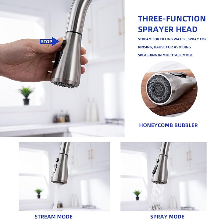 Touch on Kitchen Faucet with Soap Dispenser and Pull Down Sprayer - Single Handle Kitchen Sink Faucet, 1 or 3 Hole Design for Modern Farmhouse Kitchens, Rv, and Bar Sinks(Brushed Nickel)