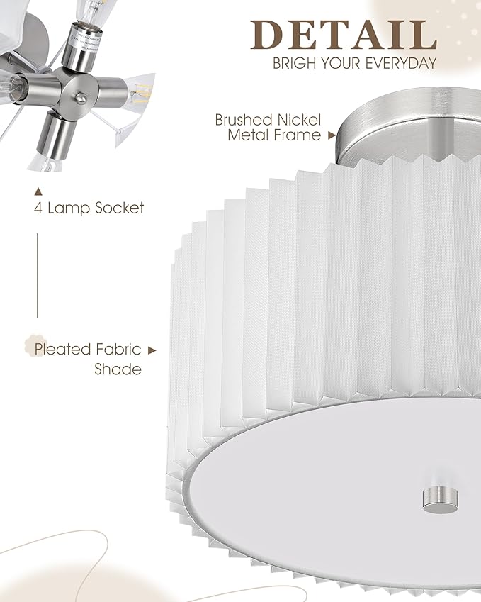 Semi Flush Mount Ceiling Lights, 4-Light 18" Ceiling Light Fixture with White Pleated Fabric Shade, Brushed Nickel Drum Lamp for Nursery Hallway Bedroom Kitchen, AD-25036-4SF-SN