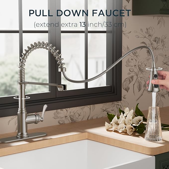 FORIOUS Rustic Kitchen Faucet with Pull Down Sprayer Brushed Nickel, 3 Modes Stainless Steel High Arc Vintage Spring Sink Faucet 1 or 3 Holes for Pot Filler, Farmhouse Camper Wet Bar