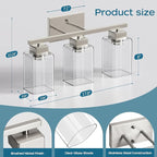 PARTPHONER 3-Light Bathroom Light Fixtures, Brushed Nickel Modern Vanity Lights, Bathroom Lighting Fixtures Over Mirror, Square Design Farmhouse Wall Sconces with Clear Glass Shades