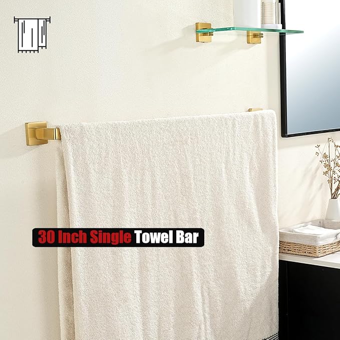 JQK Gold Towel Bar, Rounded Edges 32.36 Inch Towel Rack, 304 Stainless Steel Bathroom Wall Mount, Useable Length 30 Inch, TB250L30-BG
