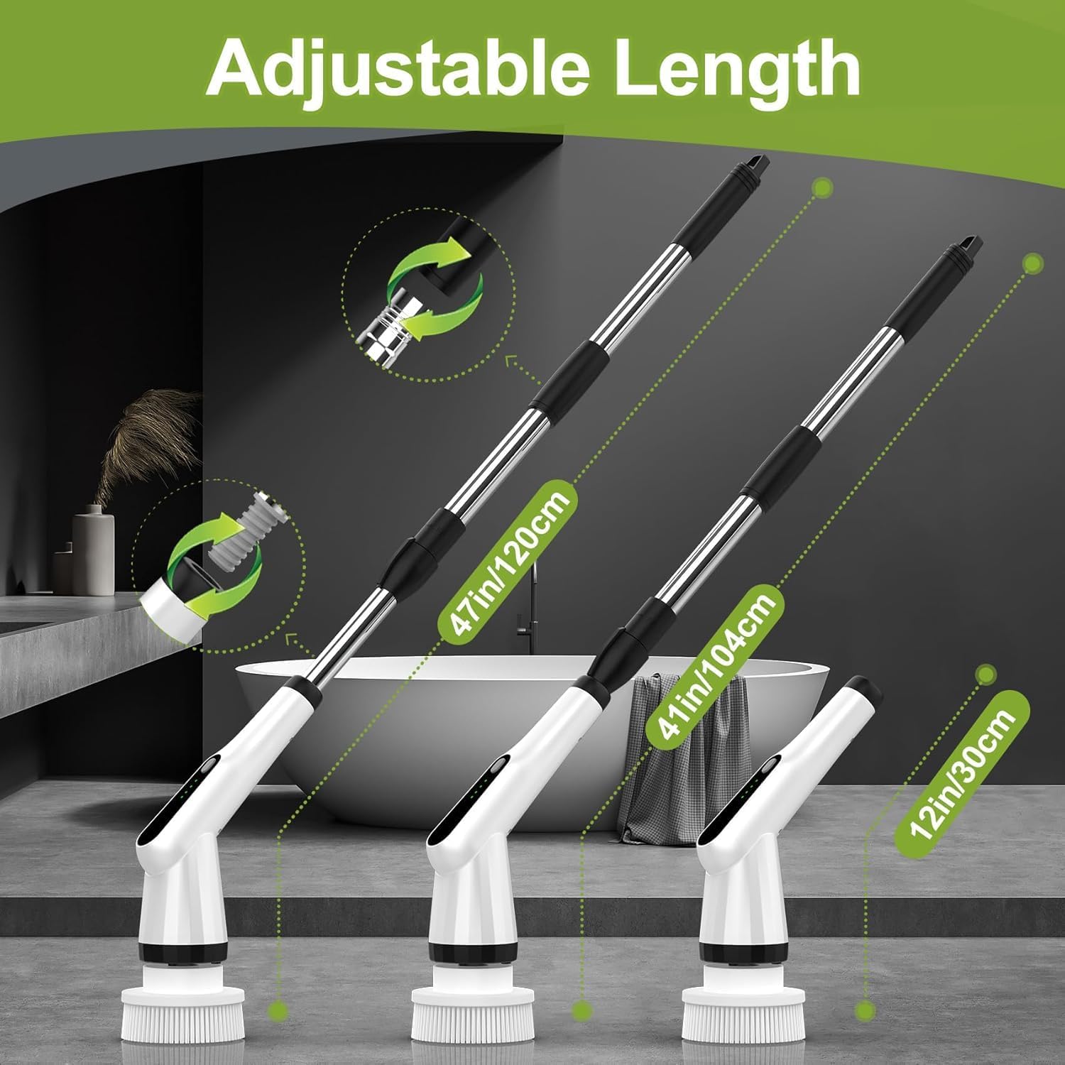 WKY-Electric Spin Scrubber - Upgraded 12-in-1 IPX7 Waterproof Shower Scrubber, Retractable Handle & 2-Speed for Toilet, Bathroom, Bathtub, Tile Floors