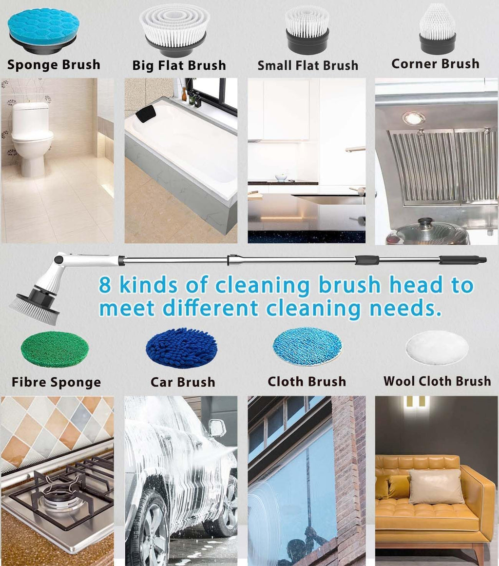 Electric Spin Scrubber, 8 in 1 Electric Cleaning Brush, Cordless Rechargeable Scrub Brush with 8 Replaceable Brush Heads, Adjustable Length and Angle Power Scrubber for Bathroom Tile Bathtub Glass
