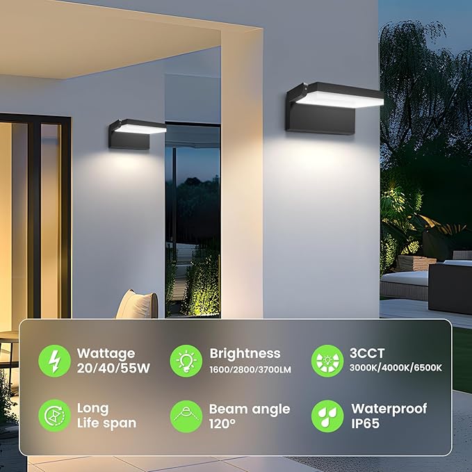 ALUSSO® 20W/40W/55W LED Flood Lights Outdoor, 360° Rotatable Outdoor Wall Light, 3000K/4000K/6500K Exterior Lighting Fixtures, Security IP65 Waterproof Wall Pack Lights for Garage, Porch, Yard, Black