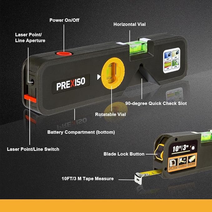 PREXISO 4-in-1 Line Laser Level Multipurpose Torpedo Level, 65Ft Alignment Point & 16Ft Laser Line & 10Ft Measure Tape Ruler & Quick Angle Setting for Hanging Picture Wall Marking Home Renovation