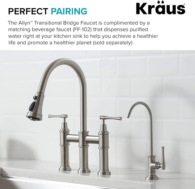 KRAUS Allyn Transitional Bridge Kitchen Faucet with Pull-Down Sprayhead in Spot Free Stainless Steel, KPF-3121SFS