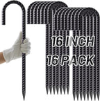 AAGUT 16 Inch Rebar Stakes 3/8" J Hook (16pcs) Heavy Duty Steel Ground Anchors Tent Stakes Ground Stakes with Chisel Point End for Chain Link Fence, Black