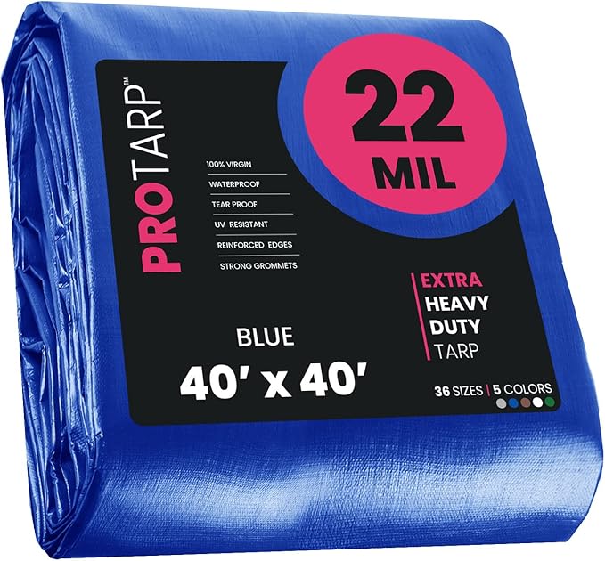 PROTARP Extreme Heavy Duty 22 Mil Tarp Cover, Waterproof, UV Resistant, Rip and Tear Proof, Poly Tarpaulin with Reinforced Edges for Roof, Camping, Patio, Pool, Boat. (Blue 40′ X 40′)