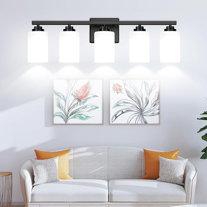 5-Light Bathroom Light Fixtures, 31" Modern Vanity Lights Over Mirror with Milky White Glass Shade, Matte Black Light Fixture, Classic Wall Light Fixture for Mirror Living Room Cabinet Bedroom Porch