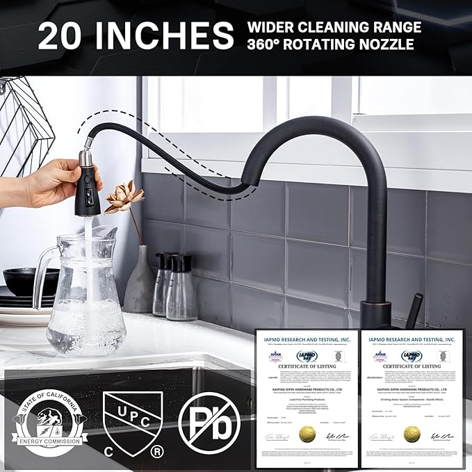 WEWE Kitchen faucets with Pull Down Sprayer, Farmhouse Kitchen Faucet Oil Rubbed Bronze Commercial Modern high arc Stainless Steel Single Handle Single Hole for Utility rv Laundry Sinks