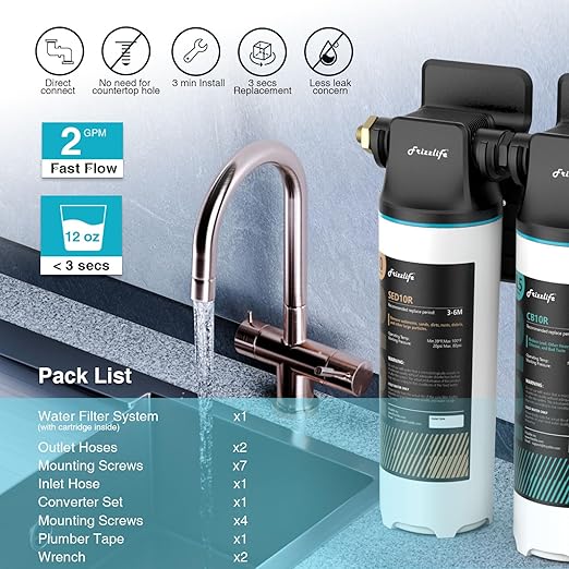 Frizzlife DW10 Under Sink Water Filter System, NSF/ANSI 53&42 Certified Elements, Reduces 99.99% Lead, Chlorine, Fluoride, Bad Taste & Odor, Direct Connect 2-Stage Water Filter, 0.5 Micron, USA Tech