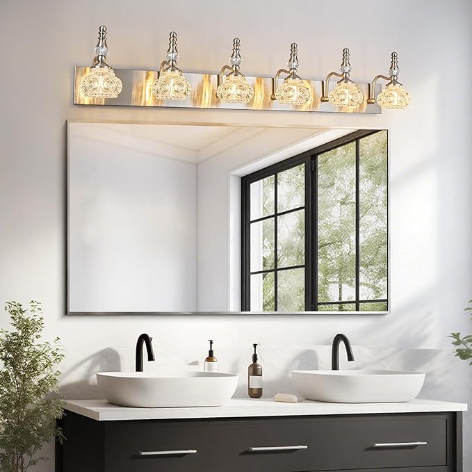 Modern Glass Crystal Vanity Light - Vintage Bathroom Lighting Fixtures Over Mirror, 6 Light Vanity Lights G9 Bulb (43.3 Inch, Nickel)