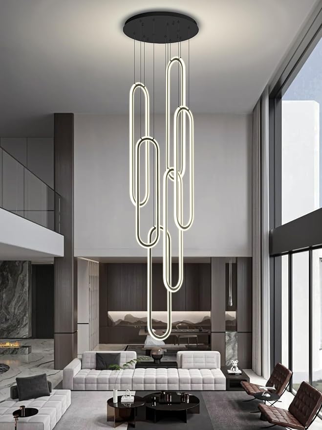 Flashing God H138 Modern Chandelier 6-Rings Large Chandelier for High Ceiling Led Dimmable Ring Pendant Lighting Black Contemporary Chandeliers for Villa Foyer Entrance Living Room