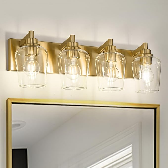 Bathroom Light Fixtures, 4-Light Modern Vanity Light with Clear Glass Wine Glass-Shaped Shade, Vanity Lighting Fixtures Over Mirror, Brushed Gold, VL155-BG-4