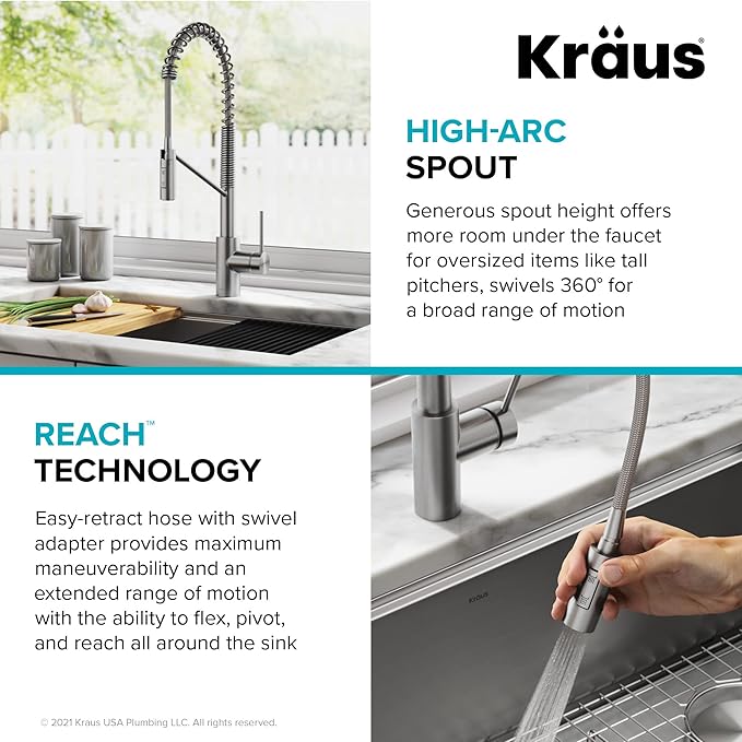 KRAUS Oletto Commercial Style Single Handle Pull Down Kitchen Faucet with QuickDock Top Mount Installation Assembly in Spot Free Stainless Steel, KPF-2631SFS