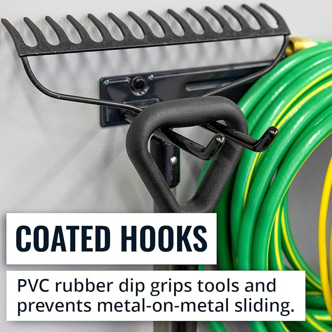 StoreYourBoard Wall-Mounted Rack With 4 Garage Hooks – Heavy-Duty Steel Holder Garage & Garden Storage for Shed, Workshop, or Home Organization – For Rakes, Shovels, Tools & More – 1 Pack, Mud