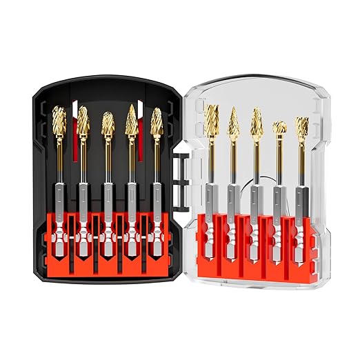 10Pcs 1/4'' Shank Double Cut Burr Set, Carbide Rotary Files Bits for Die Grinder Metal Wood Concrete Plastic Grinding Carving Engraving Drilling Polishing Cutting