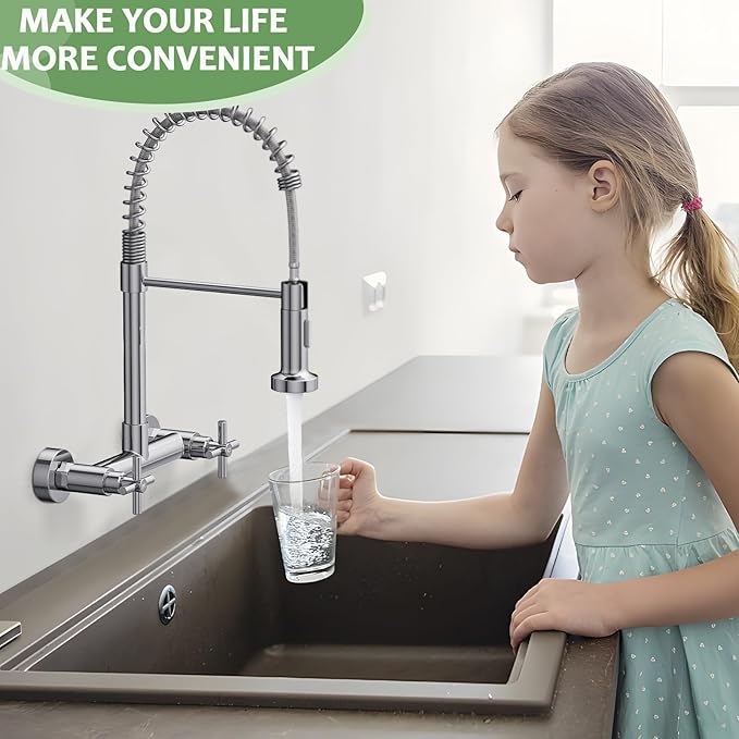 Wall Mount Faucet, Hurran Kitchen Faucet, 8 Inch Utility Sink Faucet with 2 Functions Sprayer, Commercial Kitchen Sink Faucet Dual Handles for Laundry Room Restaurant Compartment Sink (Chrome)