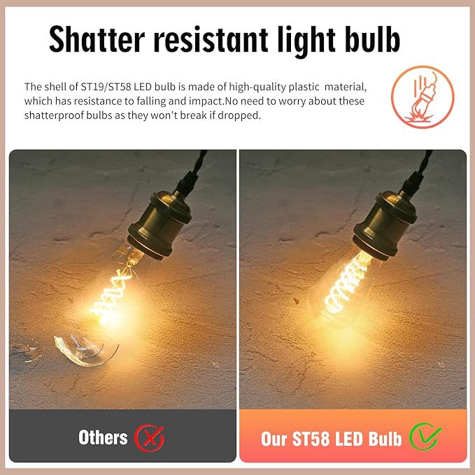 Edison Light Bulbs 60W Equivalent, Dimmable Vintage LED Light Bulbs, E26 Medium Base, Warm White 2700K, ST58, 6W, 600LM, 80+ CRI, Antique Decorative Filament LED Bulb, Clear Plastic, 16 Pack