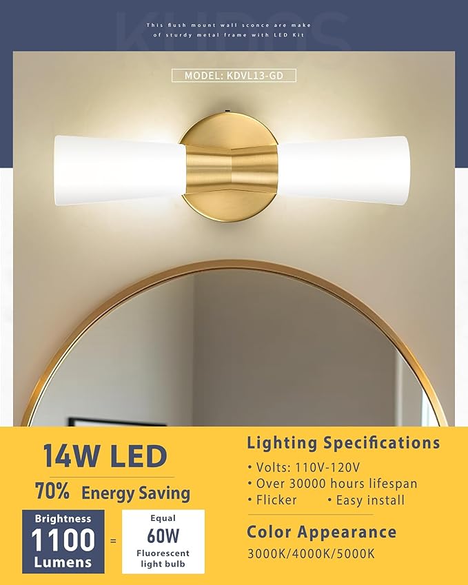 kudos Bathroom Sconces Set of 2,16inches Gold Wall Sconces, Modern Bathroom Light Fixtures with Milk White Glass, Dimmerable 3000K/4000K/5000K for Bedroom Hallway, KDVL13-GD-2PK